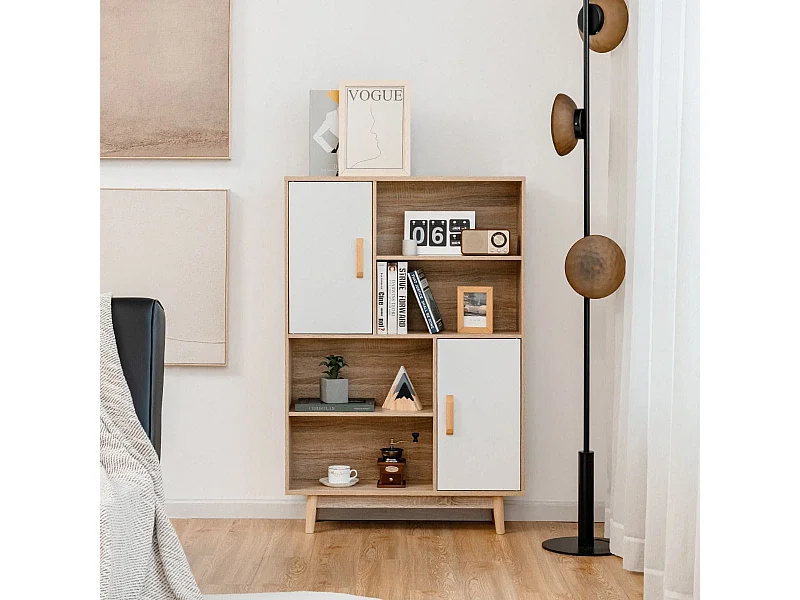 Bücherregal 4-stöckiges Bücherregal mit 2 Türen 4 offene Regale 80 x 24 x 120 cm Weiß