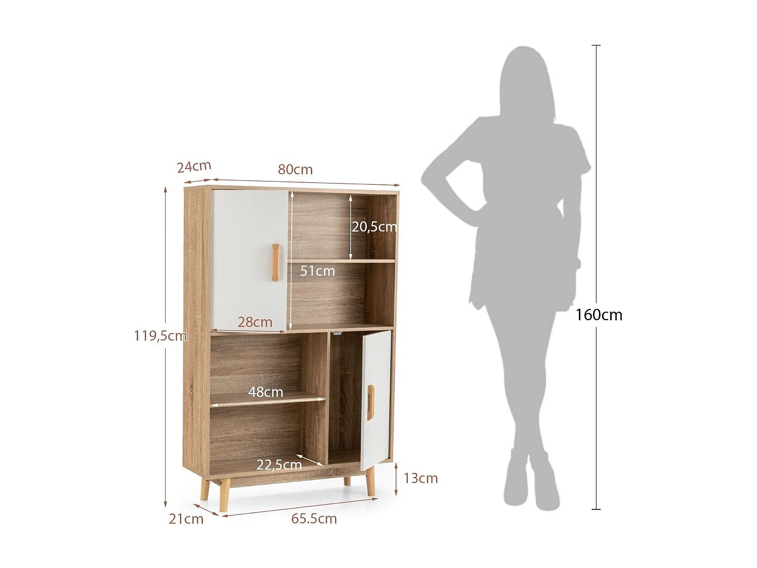 Bücherregal 4-stöckiges Bücherregal mit 2 Türen 4 offene Regale 80 x 24 x 120 cm Weiß