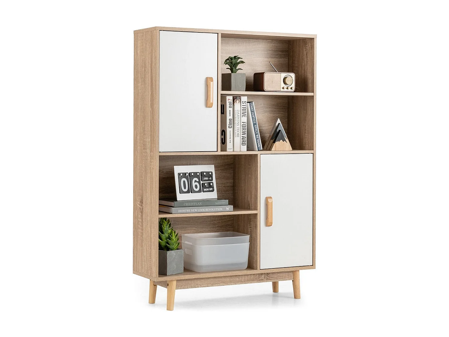 Bücherregal 4-stöckiges Bücherregal mit 2 Türen 4 offene Regale 80 x 24 x 120 cm Weiß