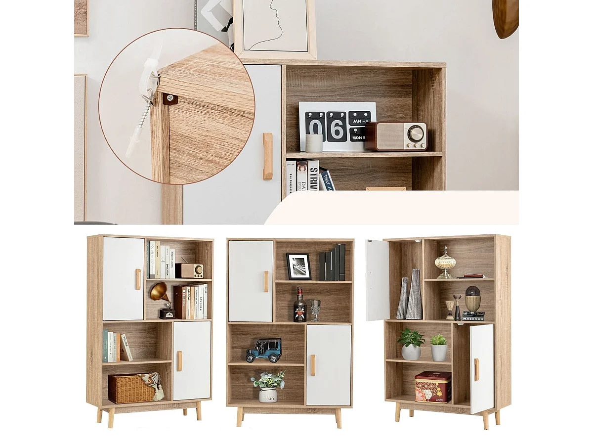 Bücherregal 4-stöckiges Bücherregal mit 2 Türen 4 offene Regale 80 x 24 x 120 cm Weiß