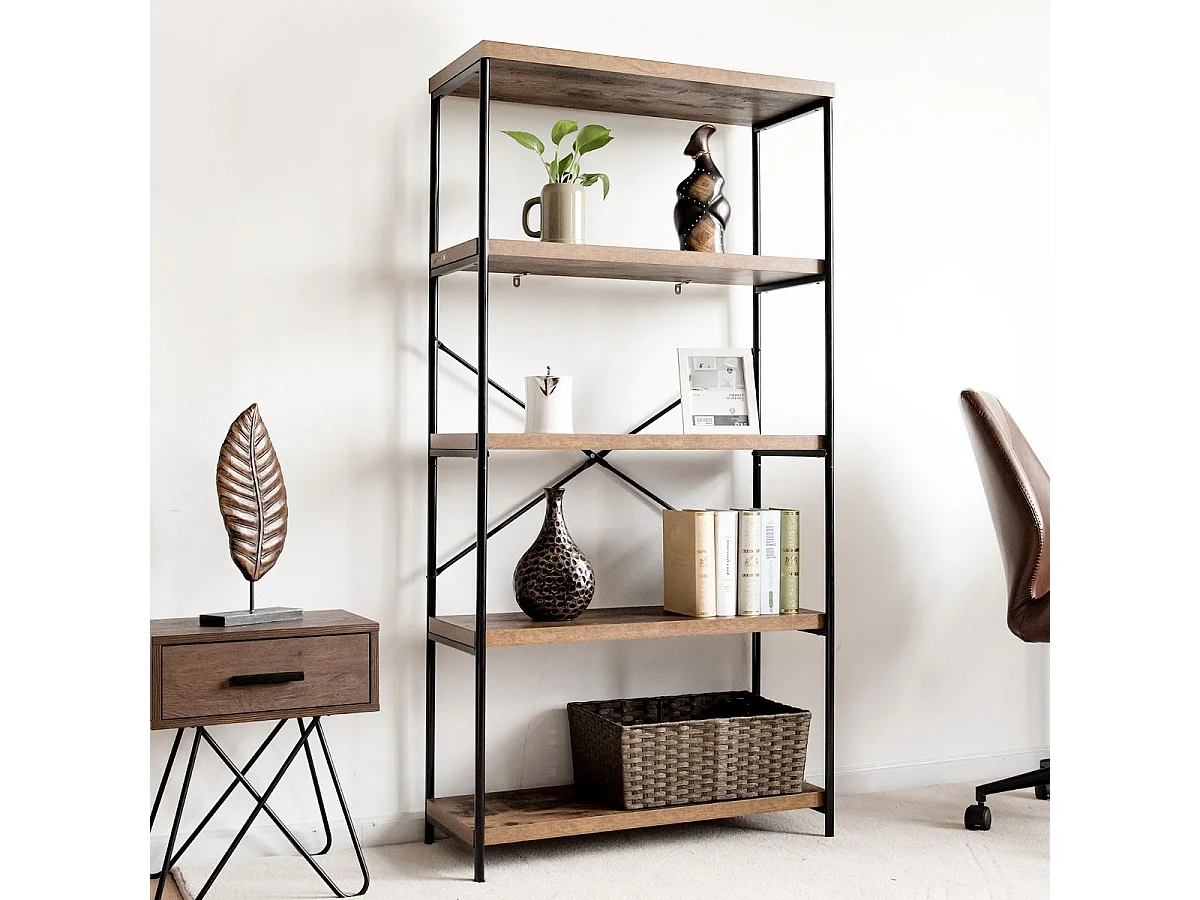 Bücherregal mit 5 Ebenen & Metallrahmen & Industrie-Design Standregal Büroregal Braun