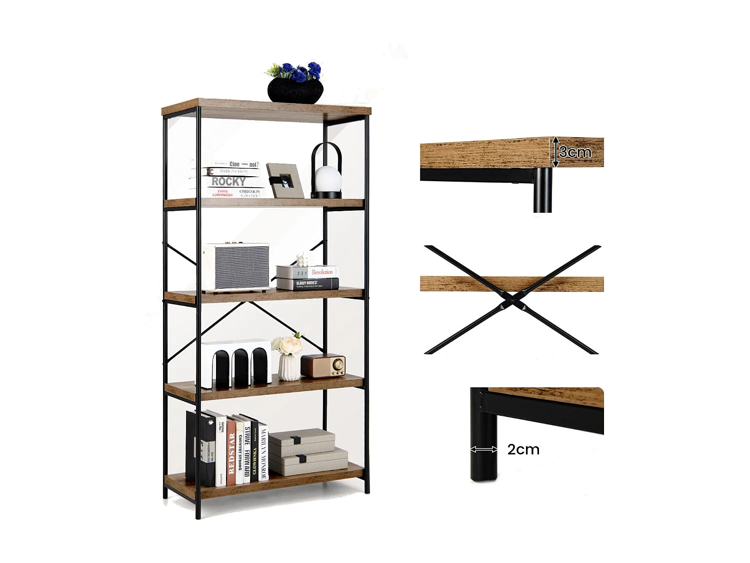 Bücherregal mit 5 Ebenen & Metallrahmen & Industrie-Design Standregal Büroregal Braun