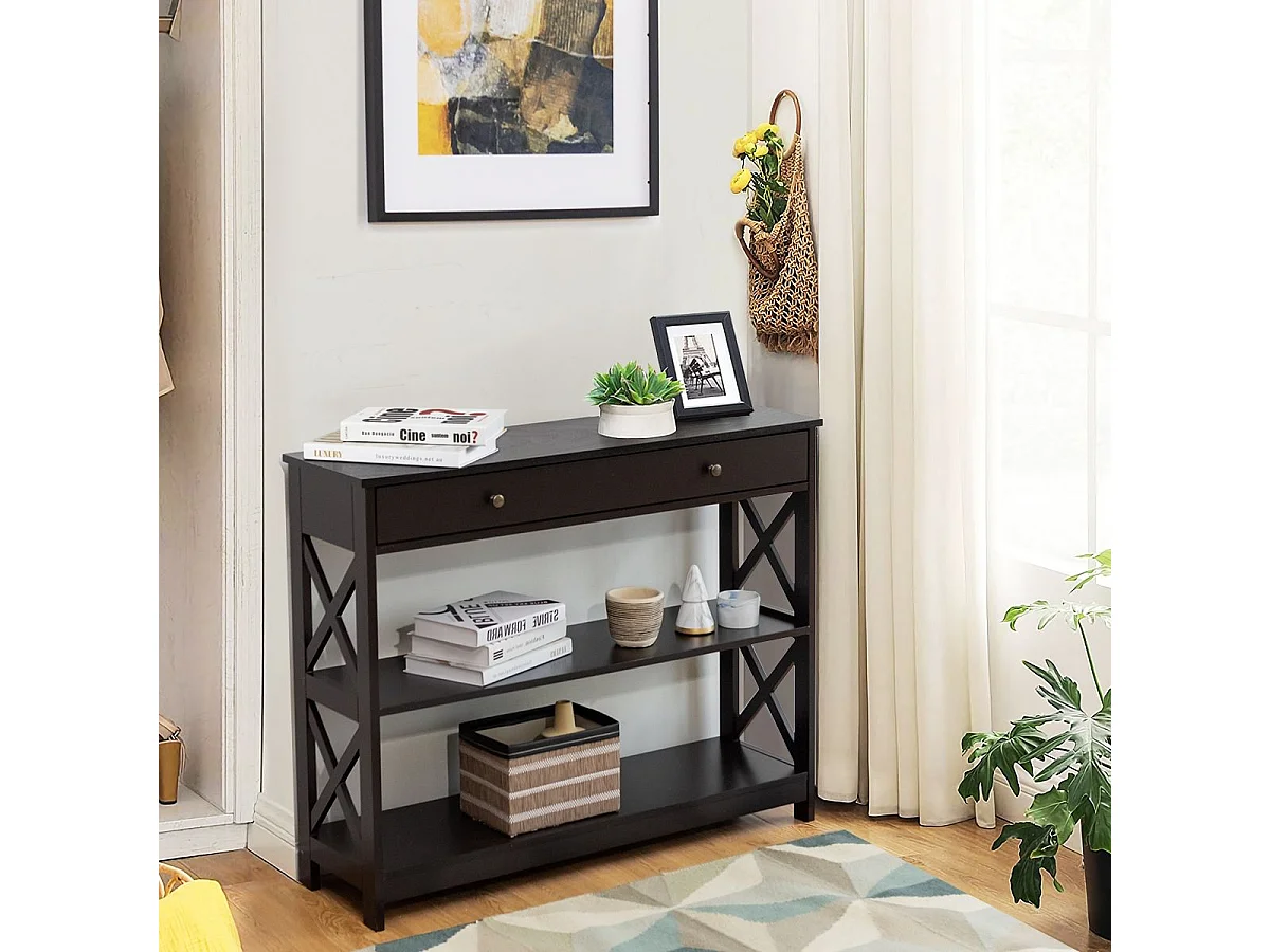 Tavolo da ingresso per salone e corridoio con 1 cassetto e 2 mensole, Tavolino da parete con 3 livelli Nero