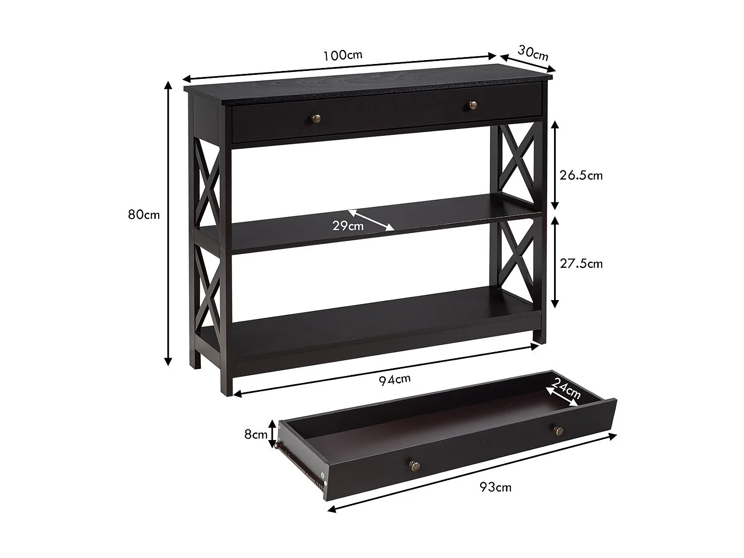 Tavolo da ingresso per salone e corridoio con 1 cassetto e 2 mensole, Tavolino da parete con 3 livelli Nero