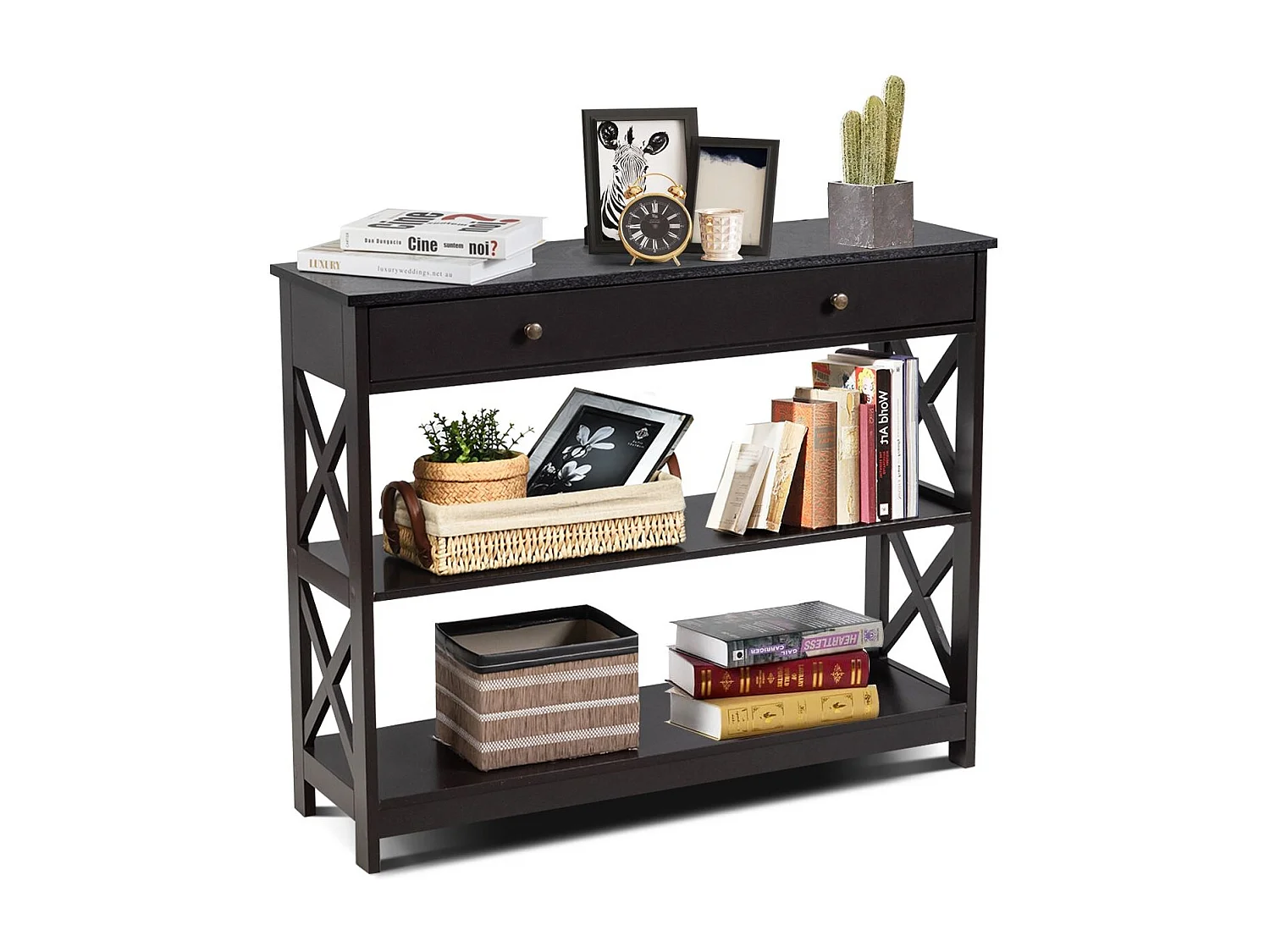 Tavolo da ingresso per salone e corridoio con 1 cassetto e 2 mensole, Tavolino da parete con 3 livelli Nero