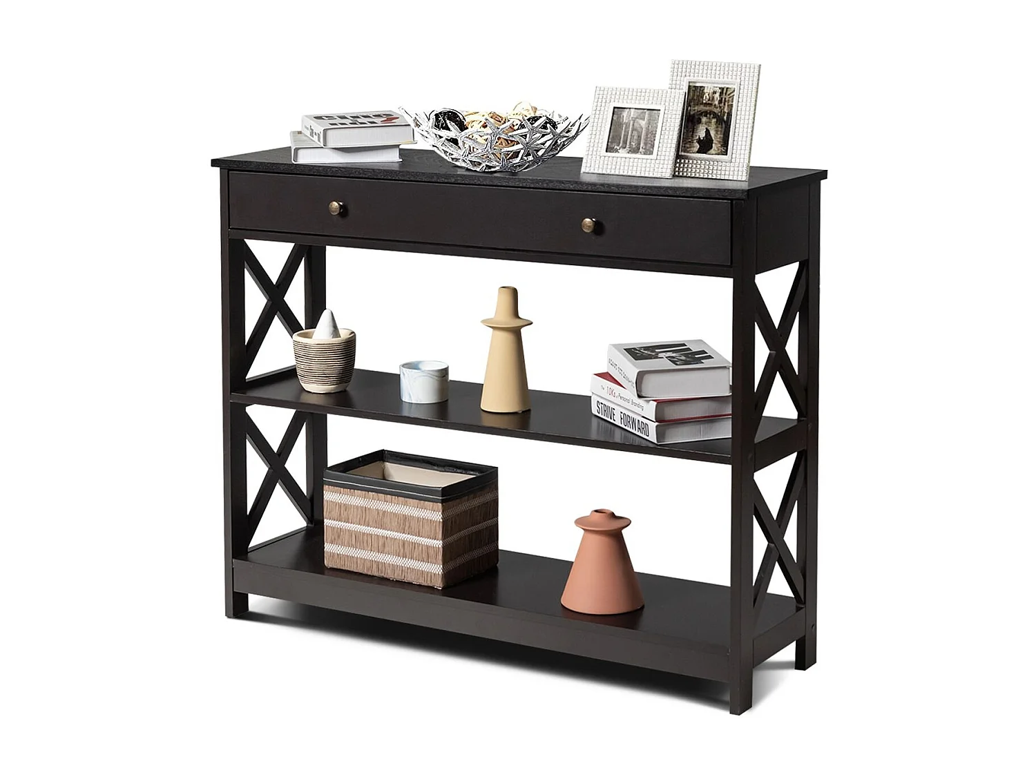 Tavolo da ingresso per salone e corridoio con 1 cassetto e 2 mensole, Tavolino da parete con 3 livelli Nero