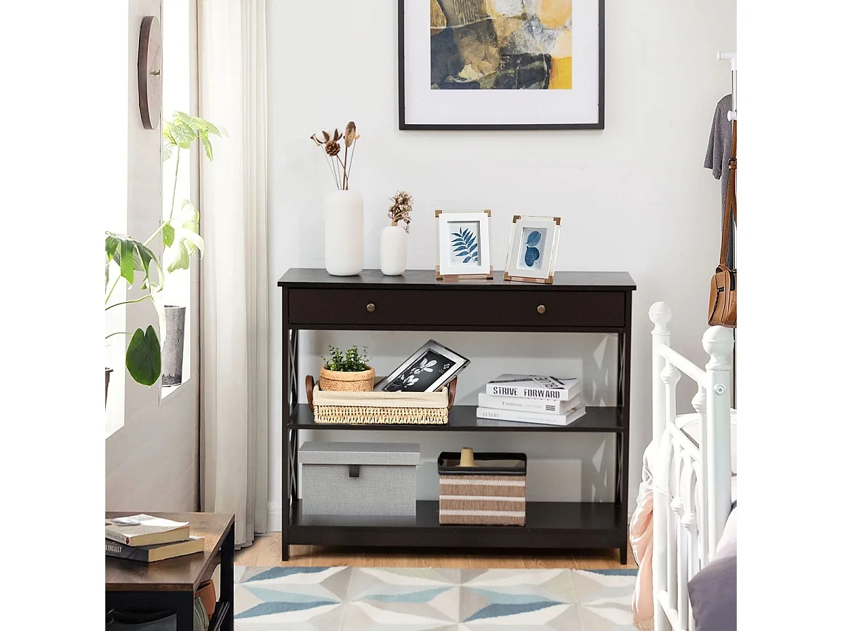 Tavolo da ingresso per salone e corridoio con 1 cassetto e 2 mensole, Tavolino da parete con 3 livelli Nero