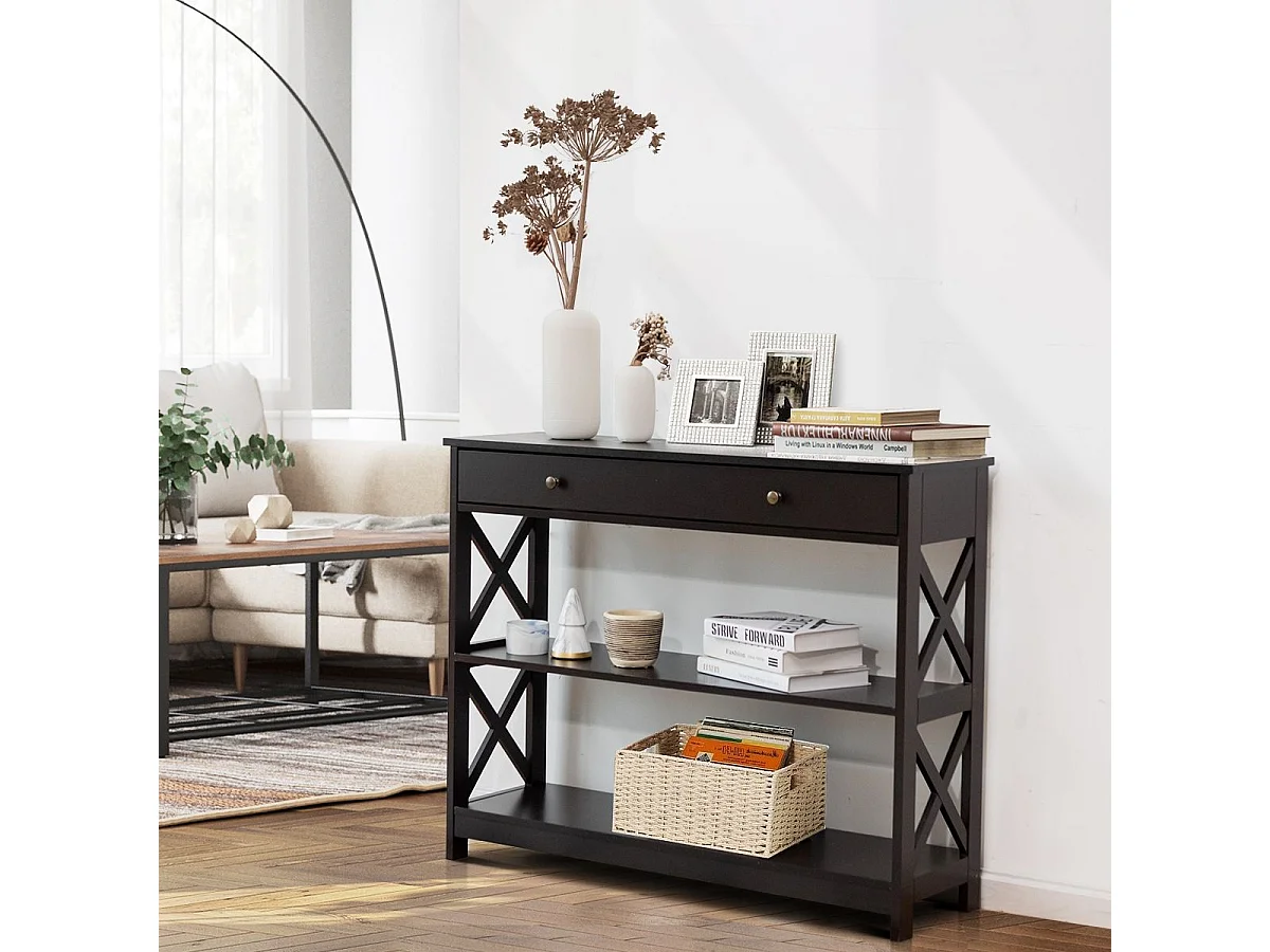 Tavolo da ingresso per salone e corridoio con 1 cassetto e 2 mensole, Tavolino da parete con 3 livelli Nero