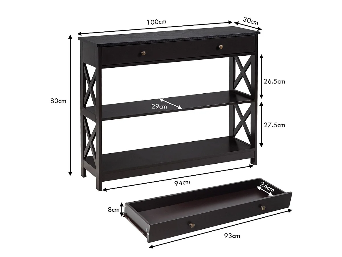3 Ebene Konsolentisch mit Schublade Flurtisch aus Holz 100 x 30 x 80 cm Schwarz