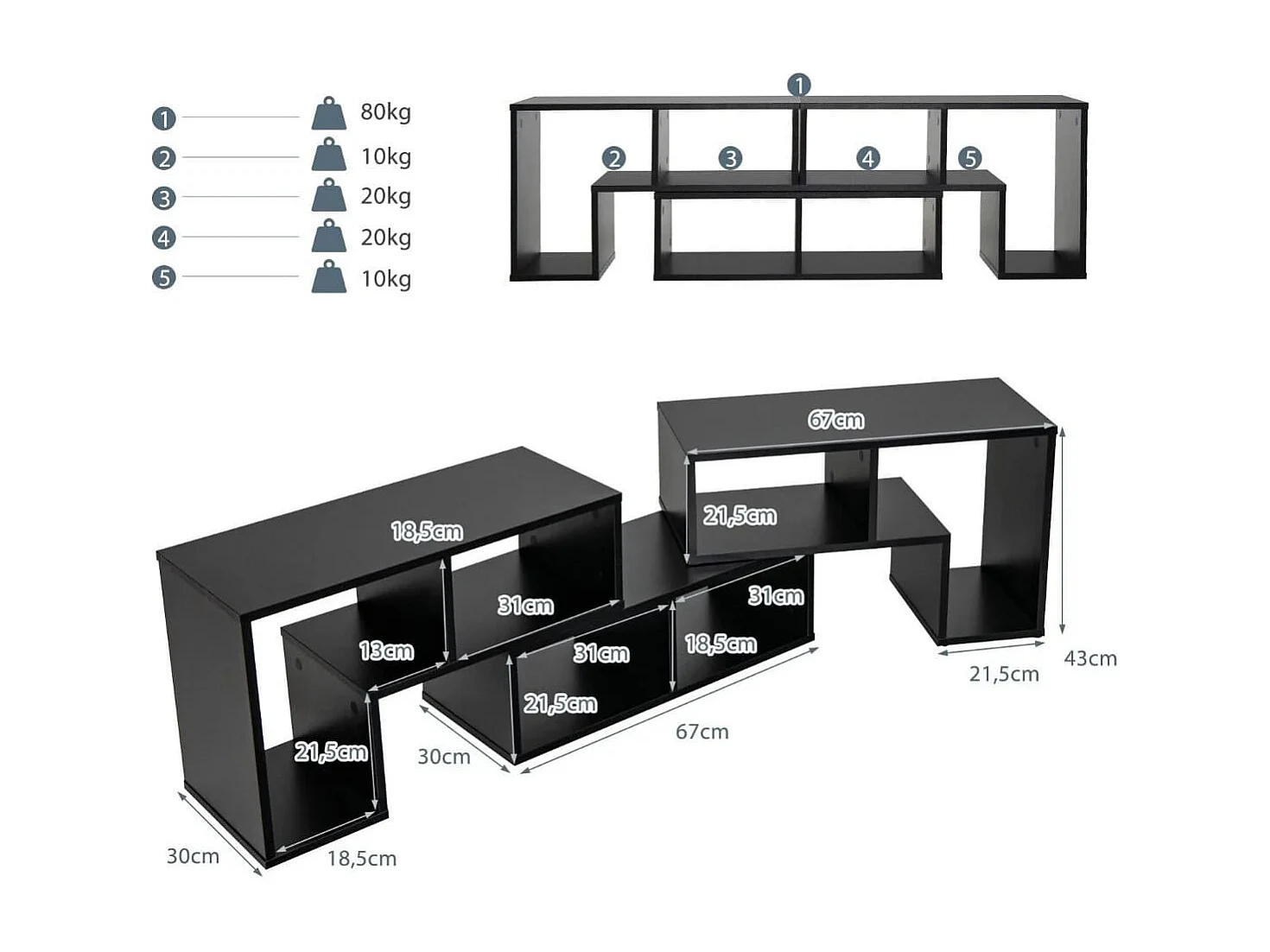 Supporto per console TV 65 pollici in 3 pezzi, Centro di intrattenimento per riporre e esporre Nero