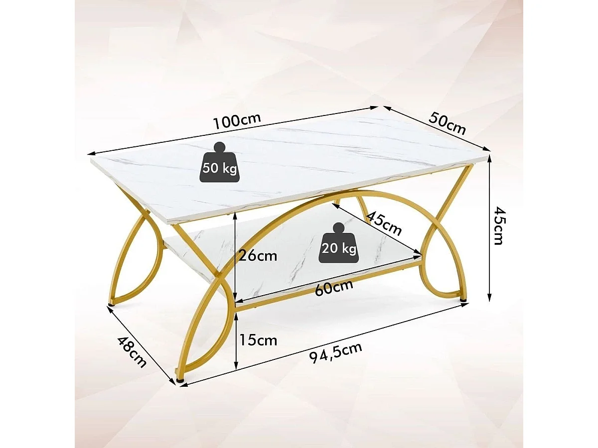 Tavolino con aspetto marmoreo Tavolo da divano moderno in marmo artificiale 100 x 50 x 45 cm Bianco