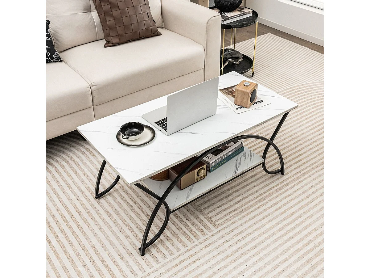 Table Basse Moderne Table d'Appoint Rectangulaire à 2 Niveaux avec Structure en Métal Table de Cocktail Chic pour Salon Blanc