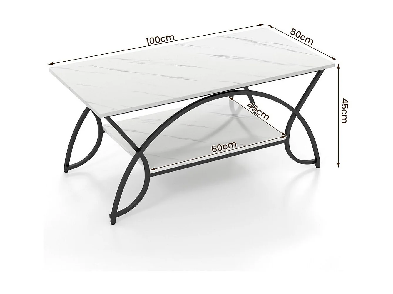 Table Basse Moderne Table d'Appoint Rectangulaire à 2 Niveaux avec Structure en Métal Table de Cocktail Chic pour Salon Blanc