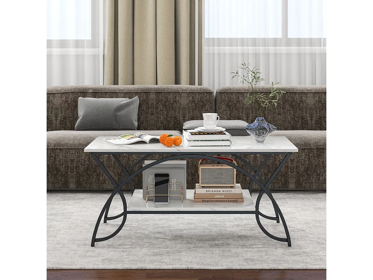 Table Basse Moderne Table d'Appoint Rectangulaire à 2 Niveaux avec Structure en Métal Table de Cocktail Chic pour Salon Blanc