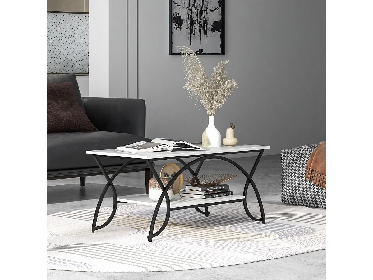 Table Basse Moderne Table d'Appoint Rectangulaire à 2 Niveaux avec Structure en Métal Table de Cocktail Chic pour Salon Blanc