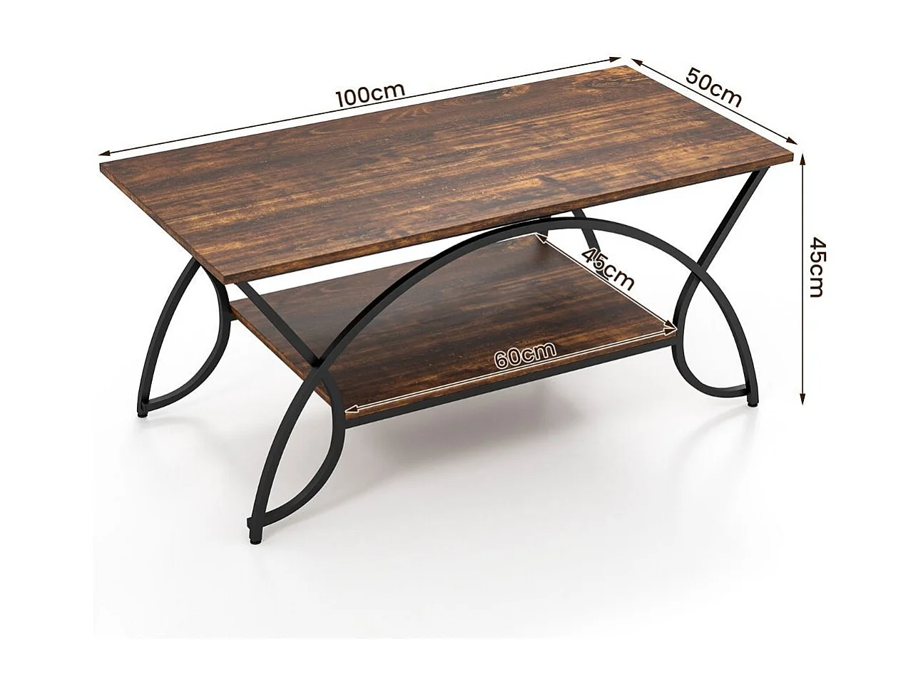 Table basse avec étagère et structure métallique Table de salon moderne 100 x 50 x 45 cm brun vintage