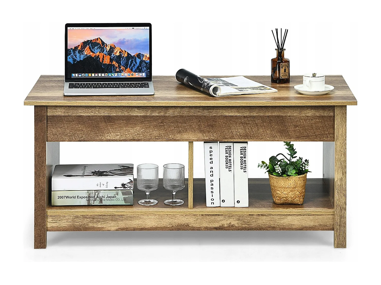 Couchtisch mit anzuhebender Tischplatte Multifunktions-Akzentmöbel mit versteckten Fächern & Regalen Eiche