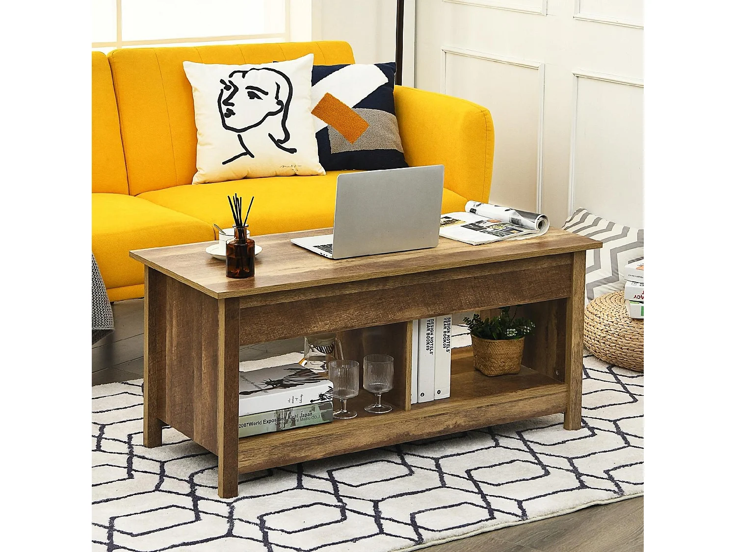 Couchtisch mit anzuhebender Tischplatte Multifunktions-Akzentmöbel mit versteckten Fächern & Regalen Eiche