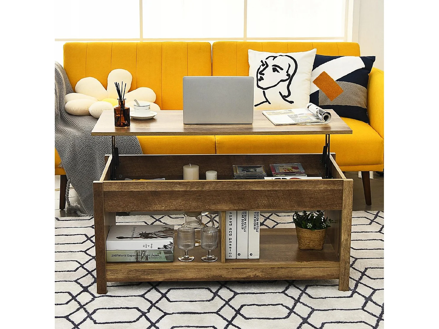 Couchtisch mit anzuhebender Tischplatte Multifunktions-Akzentmöbel mit versteckten Fächern & Regalen Eiche