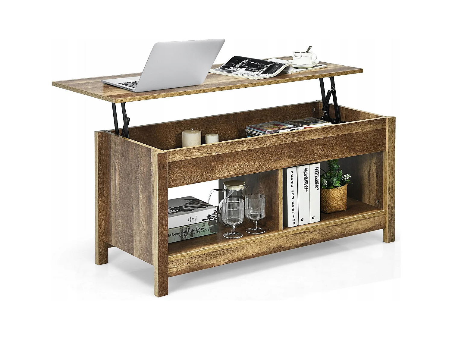 Couchtisch mit anzuhebender Tischplatte Multifunktions-Akzentmöbel mit versteckten Fächern & Regalen Eiche