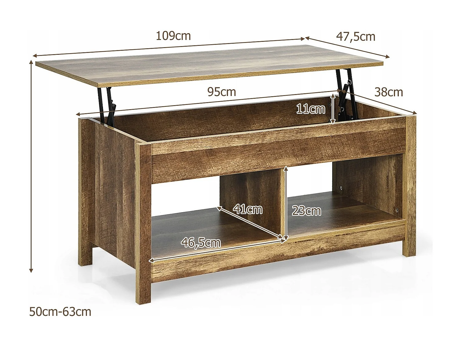 Tavolino da caffè con superficie estraibile, Tavolino da caffè moderno con parte sollevabile Naturale