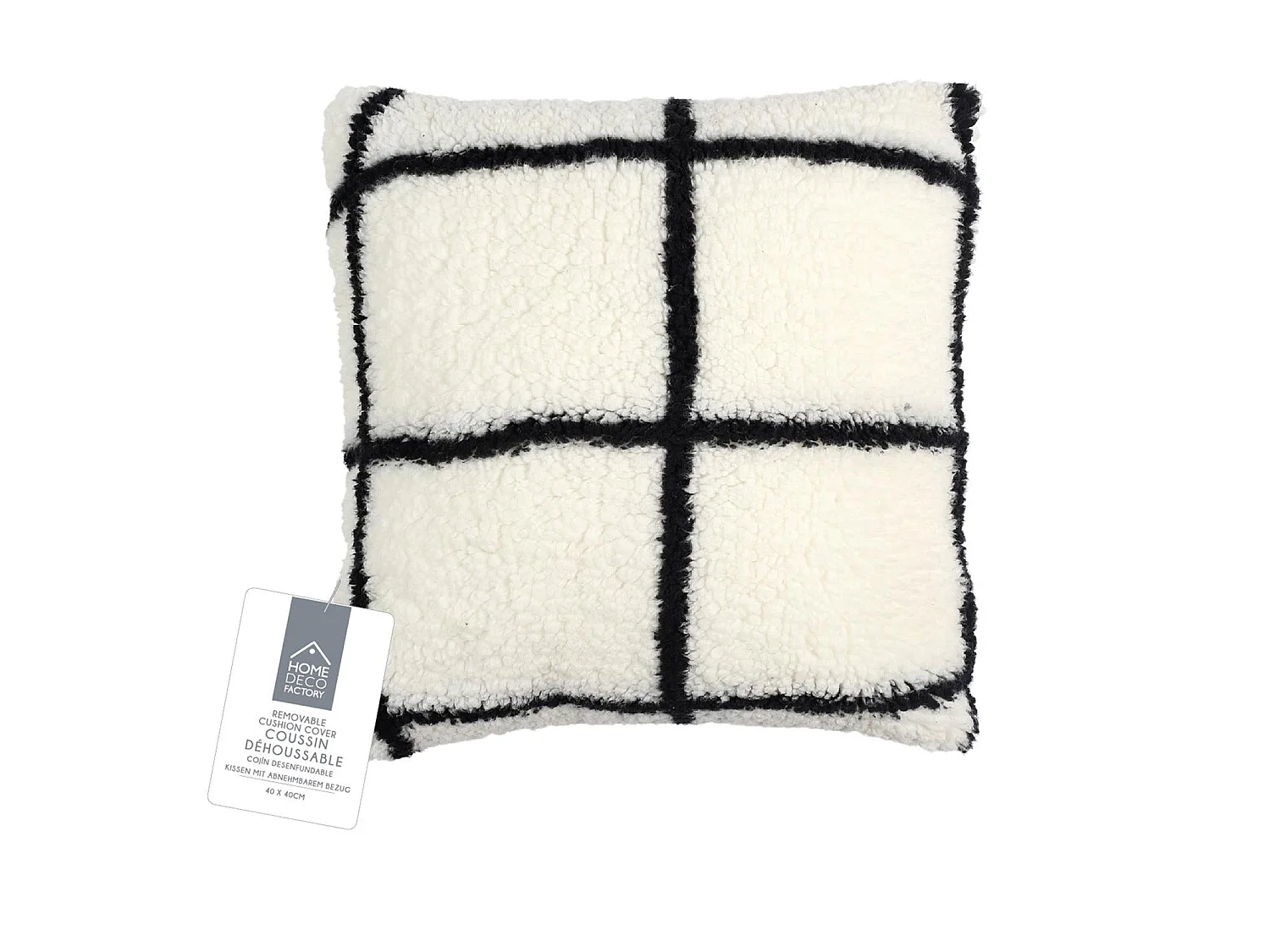 Coussin Sherpa Blanc Carreaux Noir 40x40cm Blanc, Noir
