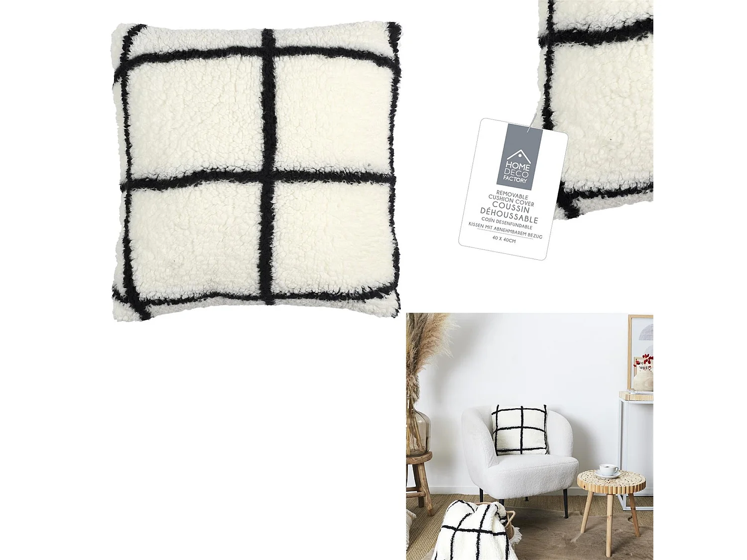 Coussin Sherpa Blanc Carreaux Noir 40x40cm Blanc, Noir