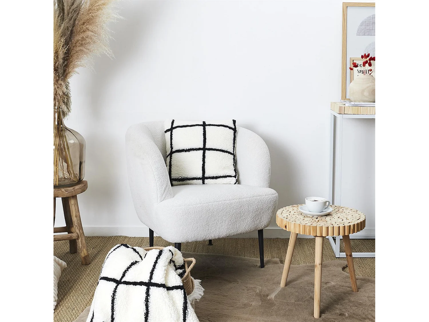 Coussin Sherpa Blanc Carreaux Noir 40x40cm Blanc, Noir