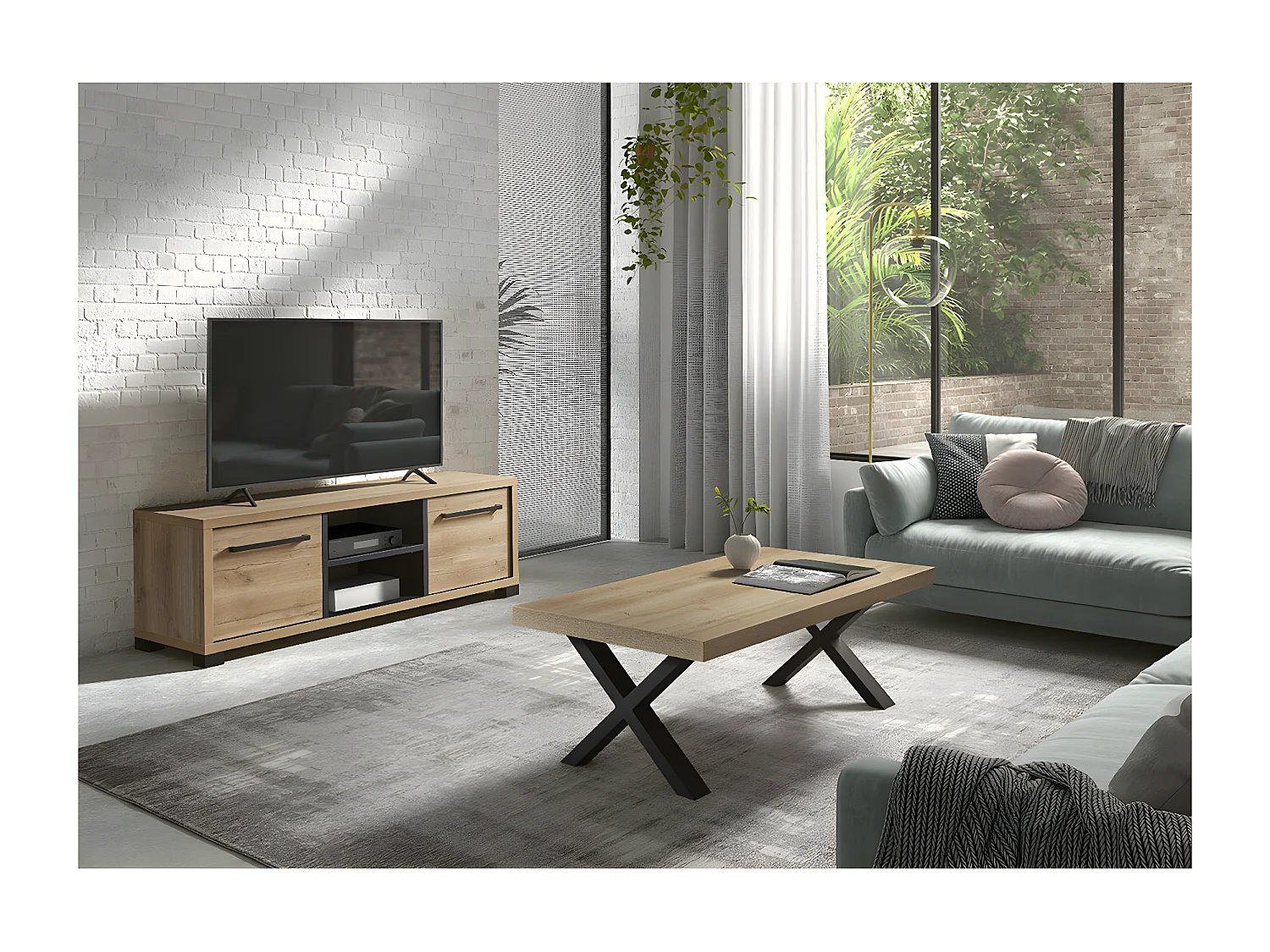 MARCO - Meuble TV 2 Portes 2 Niches Aspect Bois