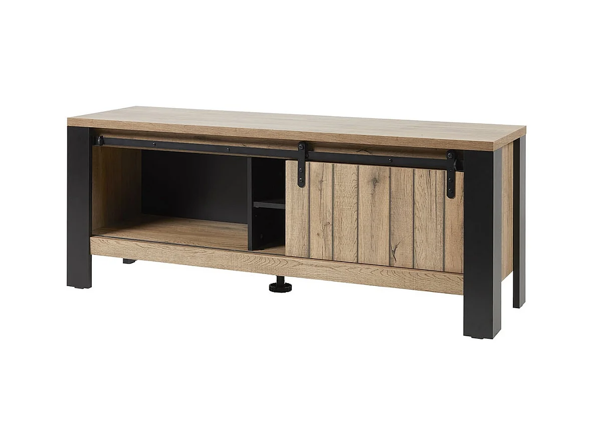 CLODIUS - Meuble TV 1 Porte Coulissante 2 Niches Métal et Aspect Bois