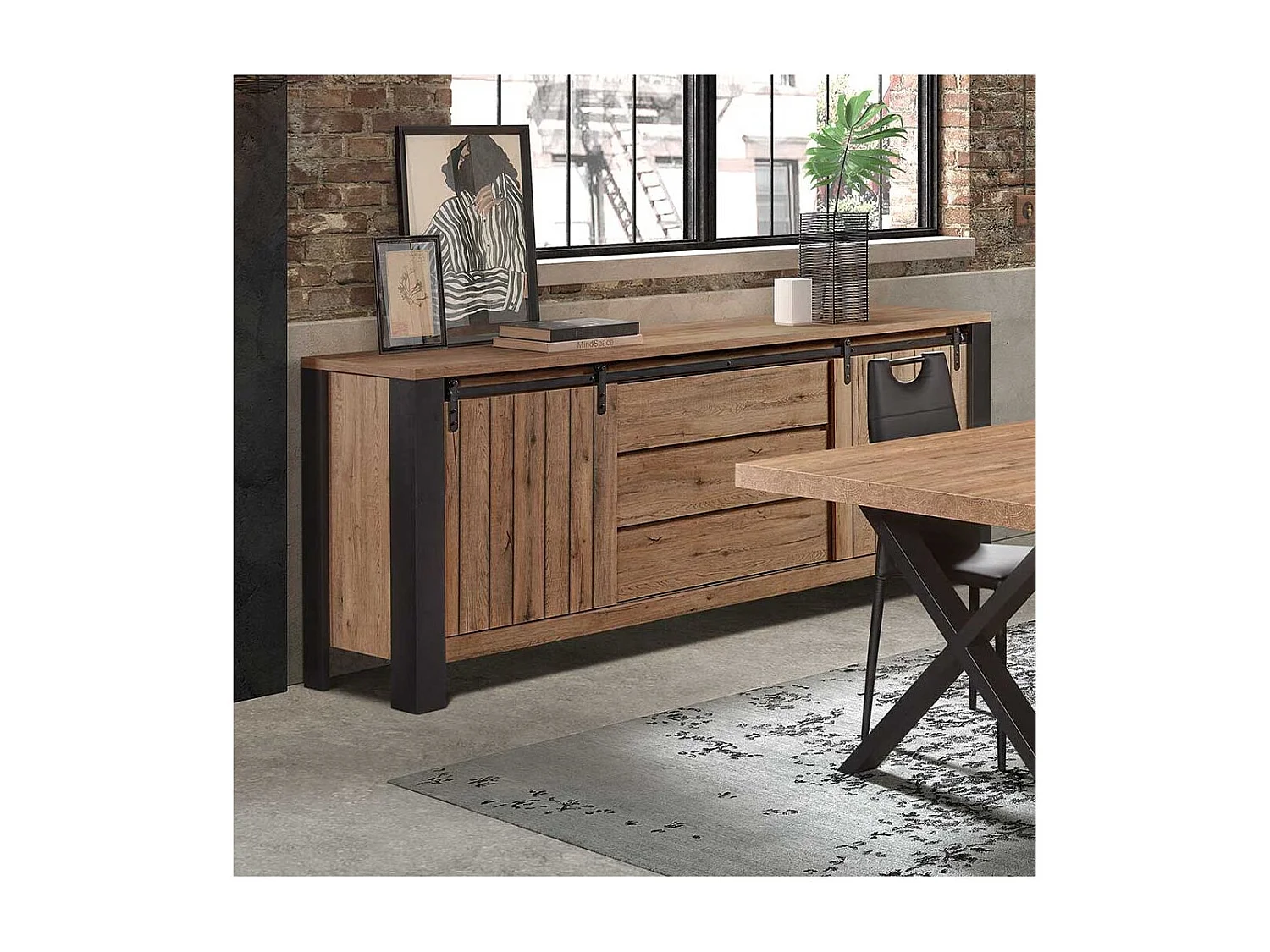 CLODIUS - Buffet 2 Portes Coulissantes 3 Tiroirs Métal et Aspect Bois