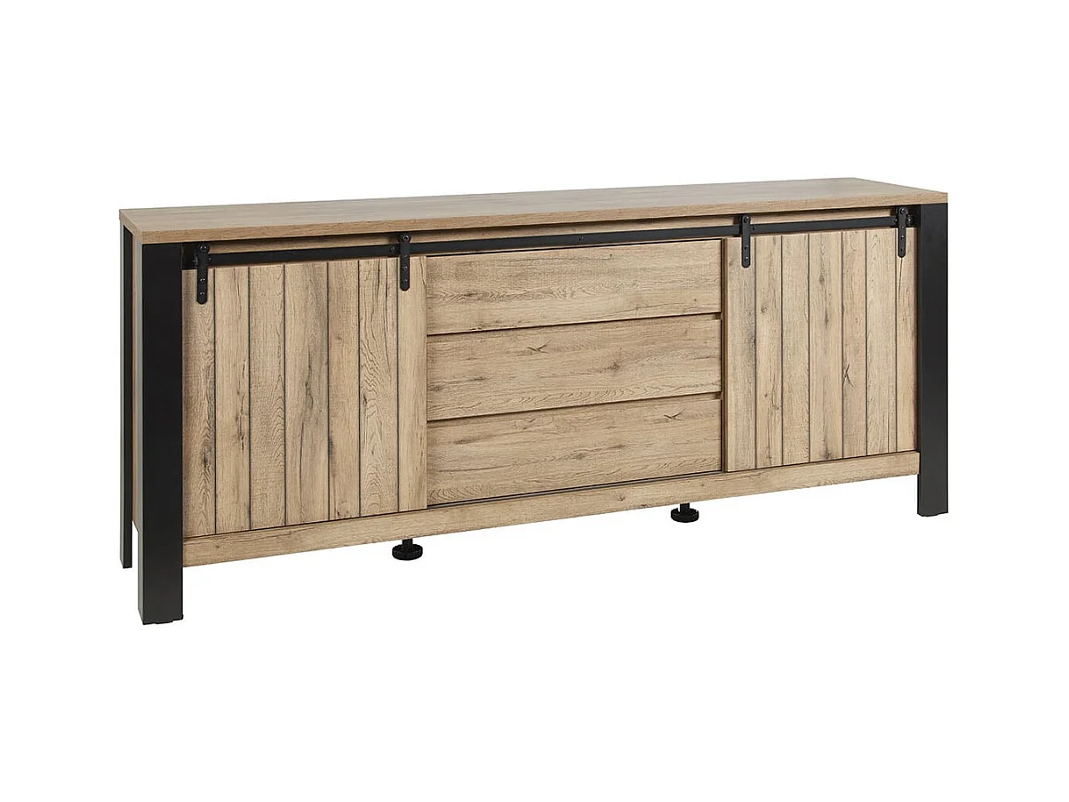 CLODIUS - Buffet 2 Portes Coulissantes 3 Tiroirs Métal et Aspect Bois