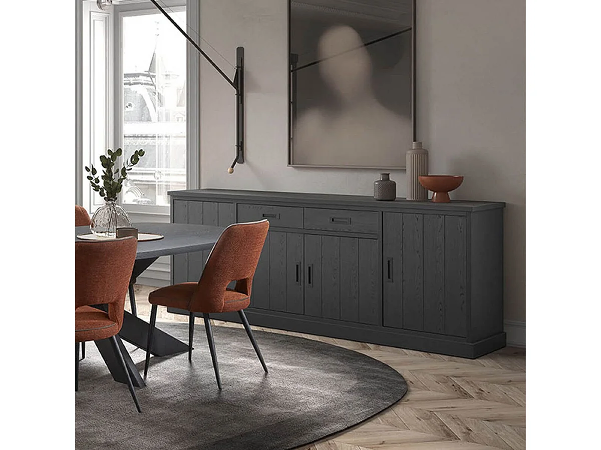 ALPHA - Buffet 4 Portes 2 Tiroirs Aspect Bois Noir