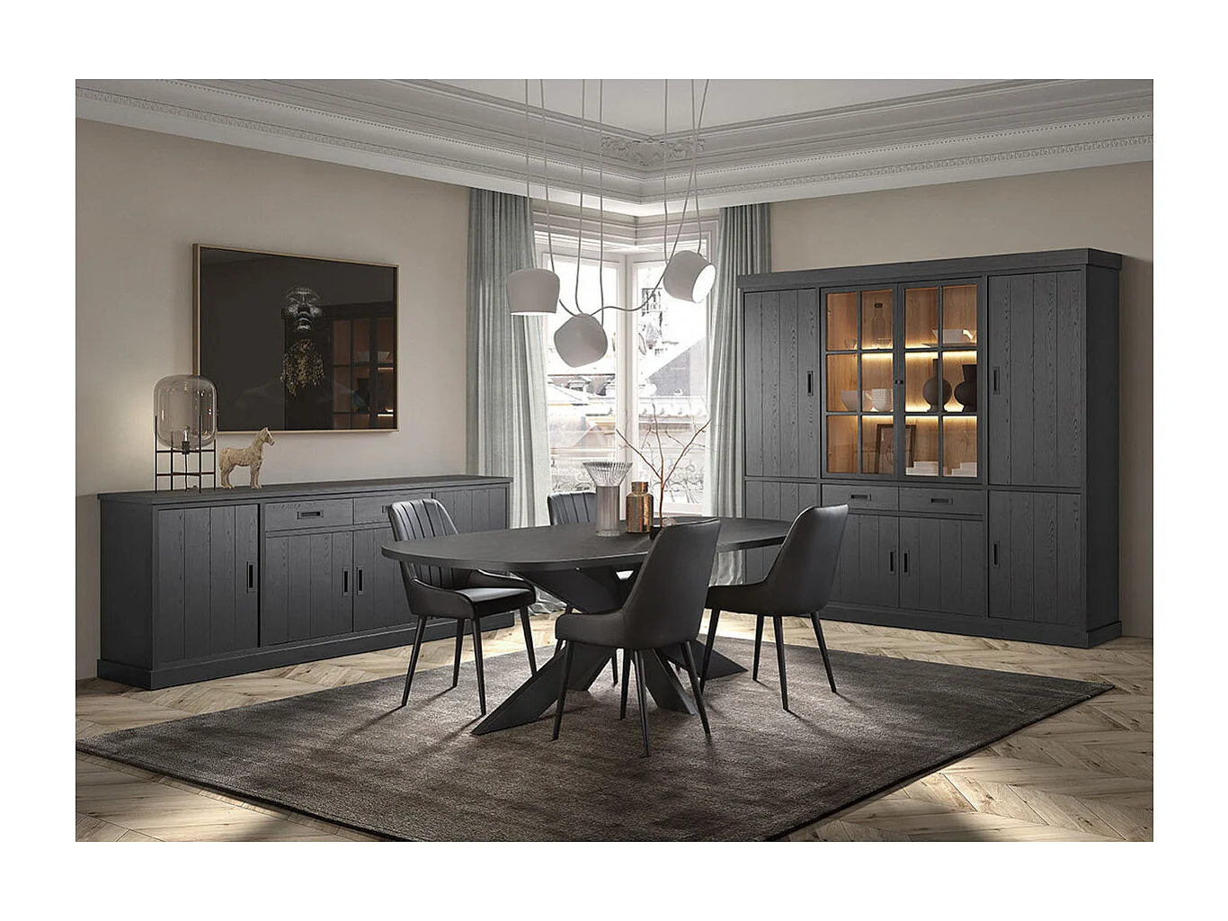 ALPHA - Buffet 4 Portes 2 Tiroirs Aspect Bois Noir