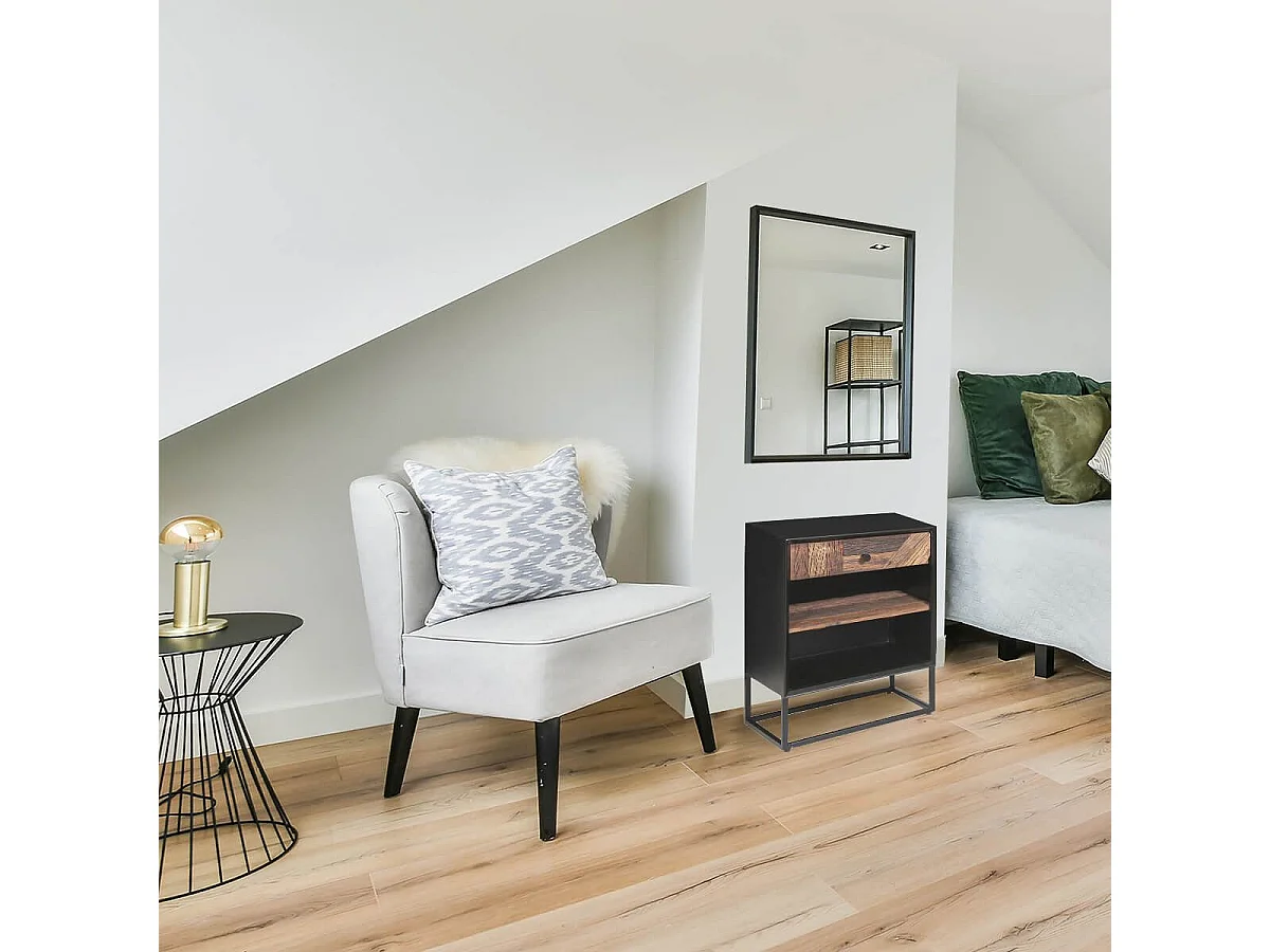 JORDAN - Chevet 1 Tiroir 2 Niches en Métal Noir et  Bois Recyclé