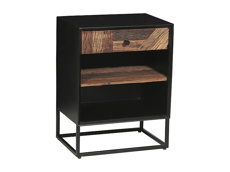 JORDAN - Chevet 1 Tiroir 2 Niches en Métal Noir et  Bois Recyclé