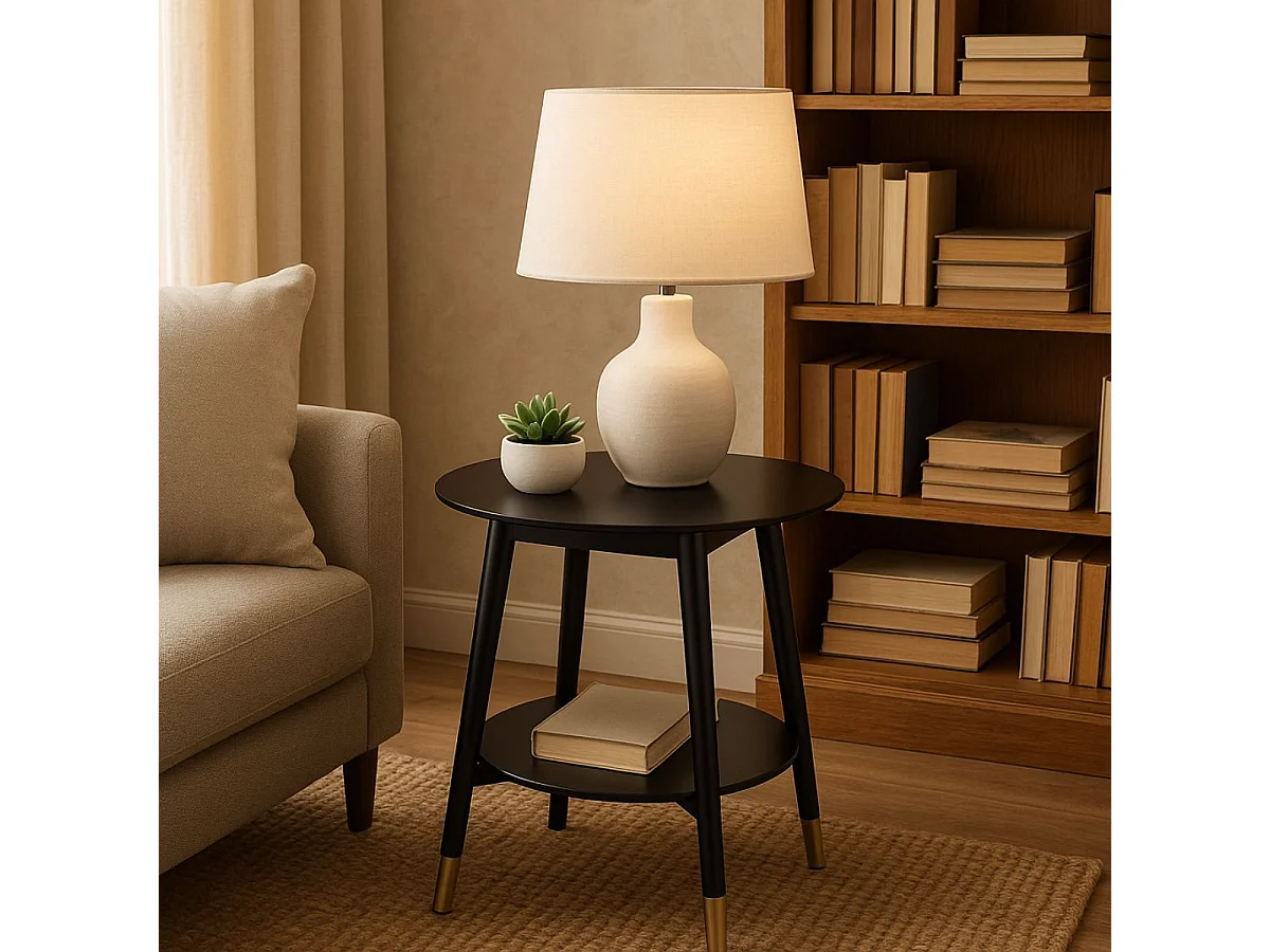 MISSY - Chevet Rond Laqué Noir 2 Tablettes Détail Doré