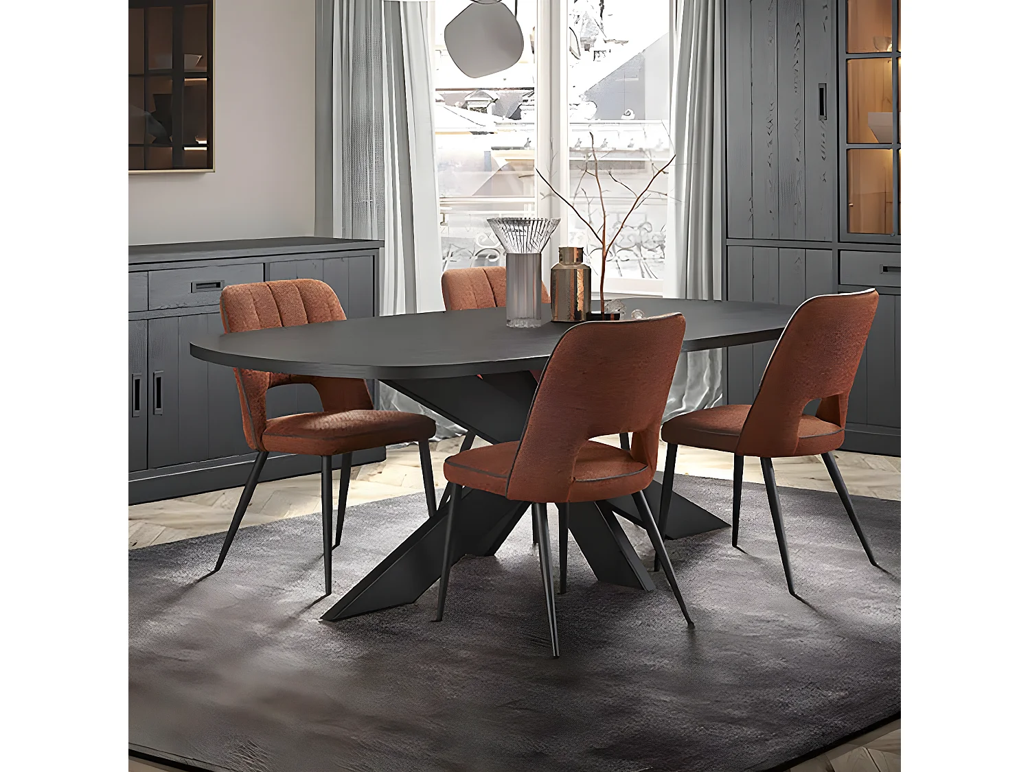 ALPHA - Table Repas Ovale 230cm Aspect Bois Noir Piètement Etoile