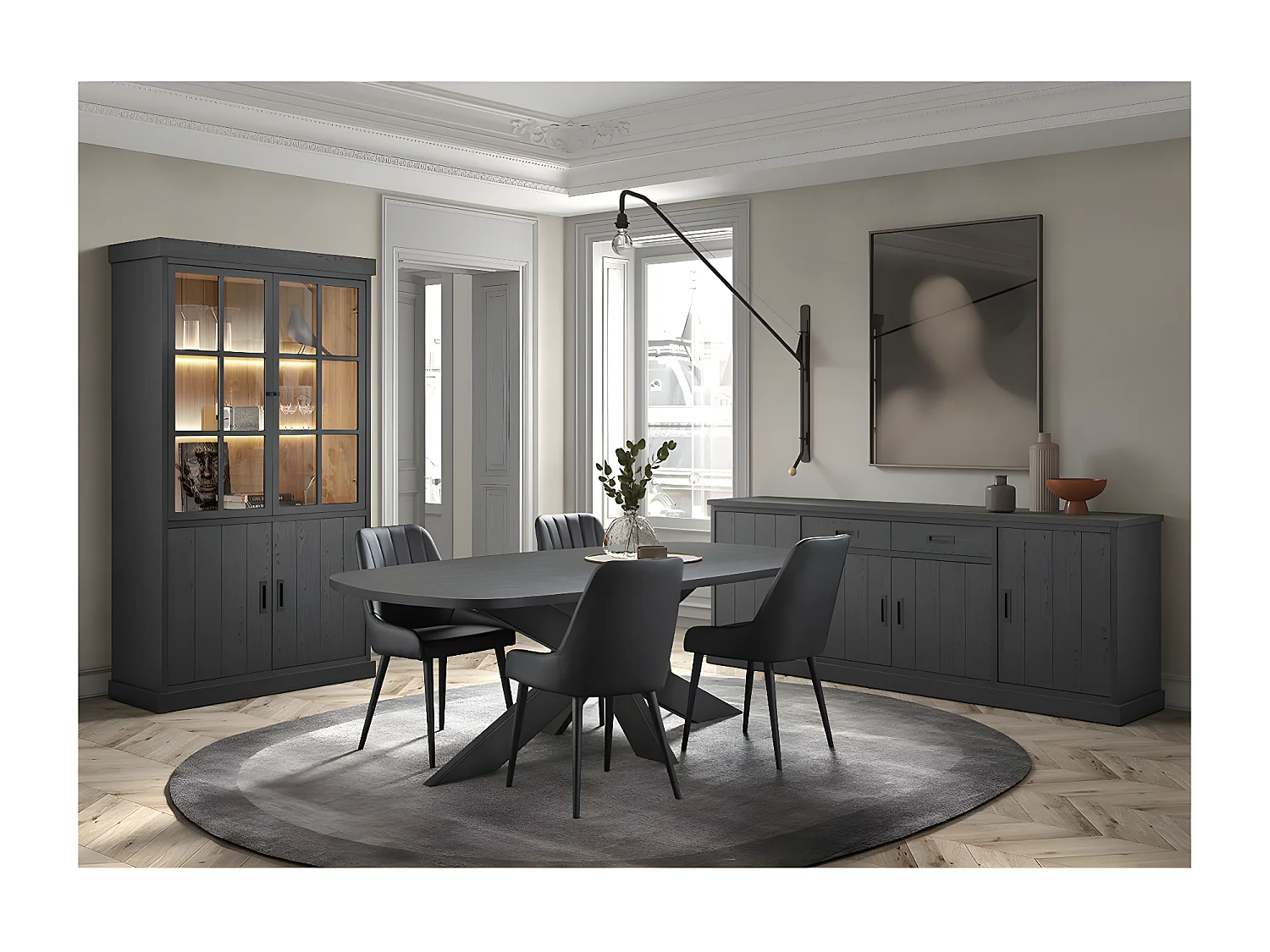 ALPHA - Table Repas Ovale 230cm Aspect Bois Noir Piètement Etoile