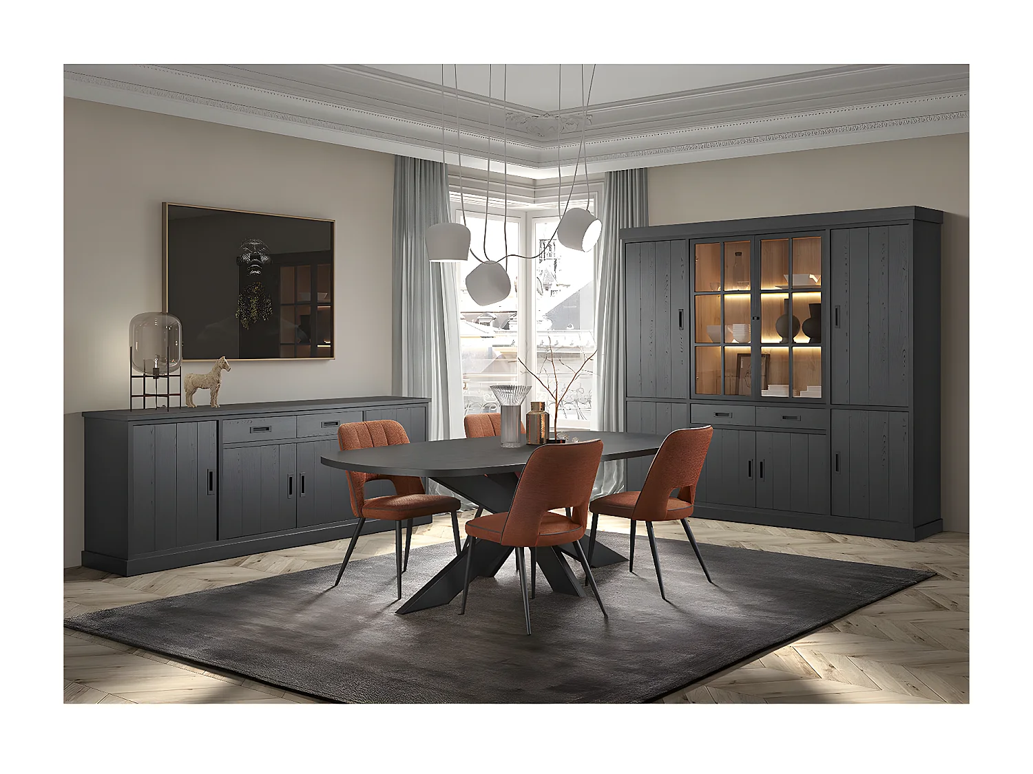 ALPHA - Table Repas Ovale 200cm Aspect Bois Noir Piètement Etoile