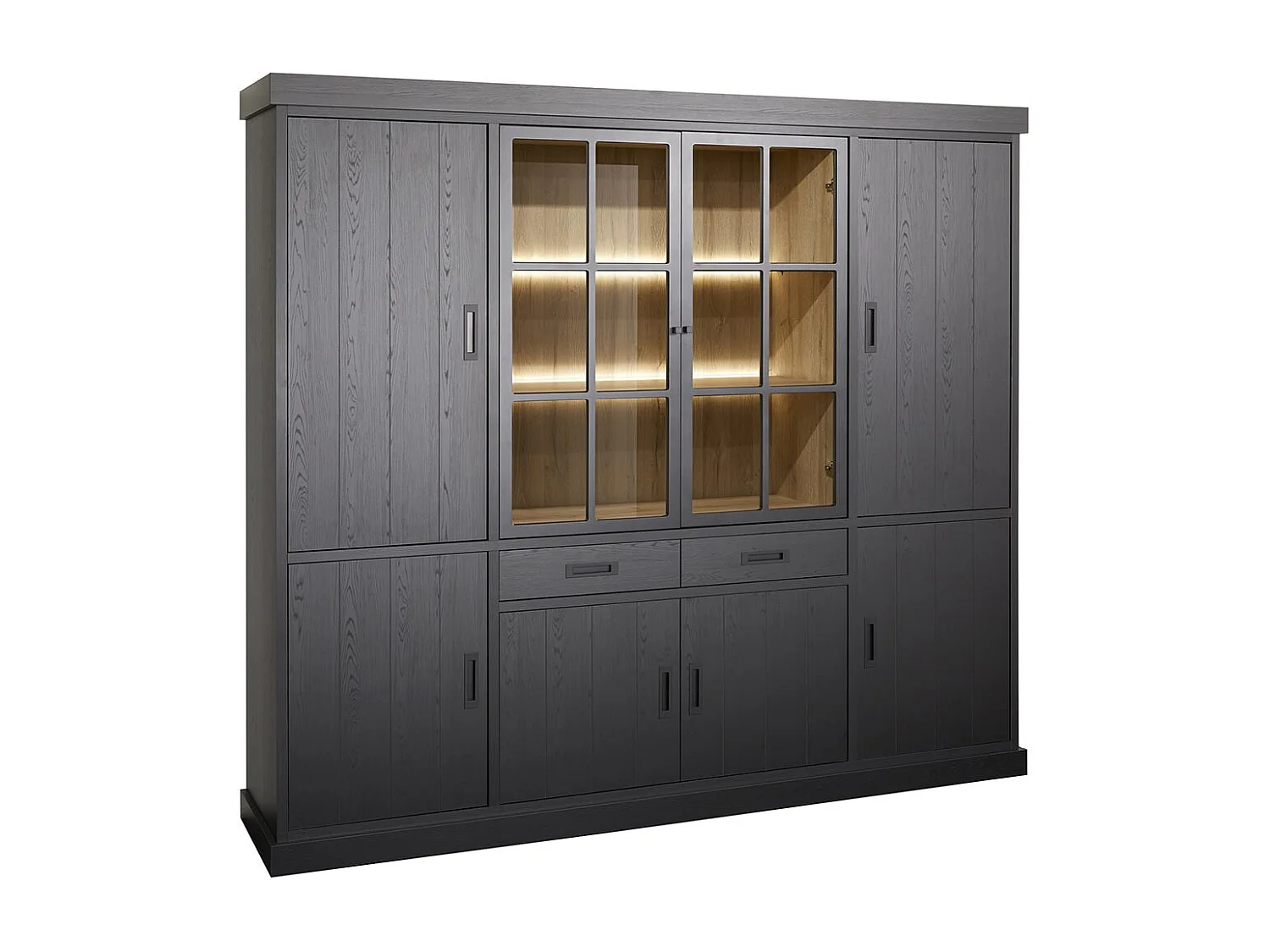 ALPHA - Bibliothèque 8 Portes Aspect Bois Noir avec Leds