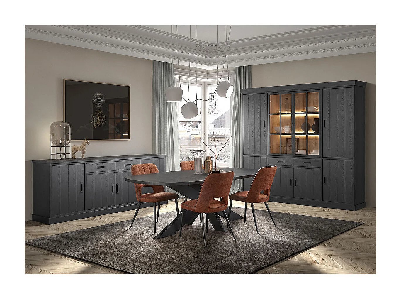 ALPHA - Bibliothèque 8 Portes Aspect Bois Noir avec Leds