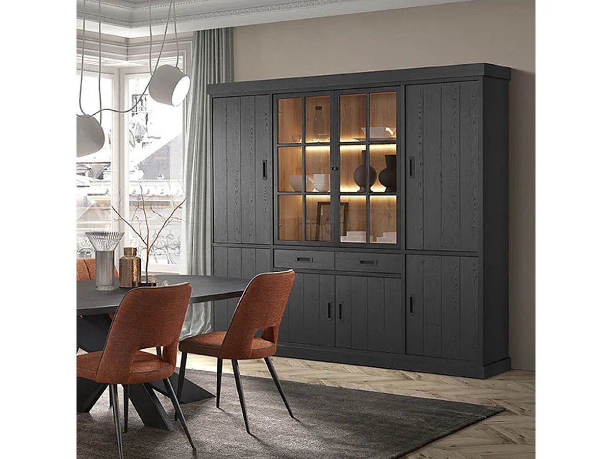 ALPHA - Bibliothèque 8 Portes Aspect Bois Noir avec Leds