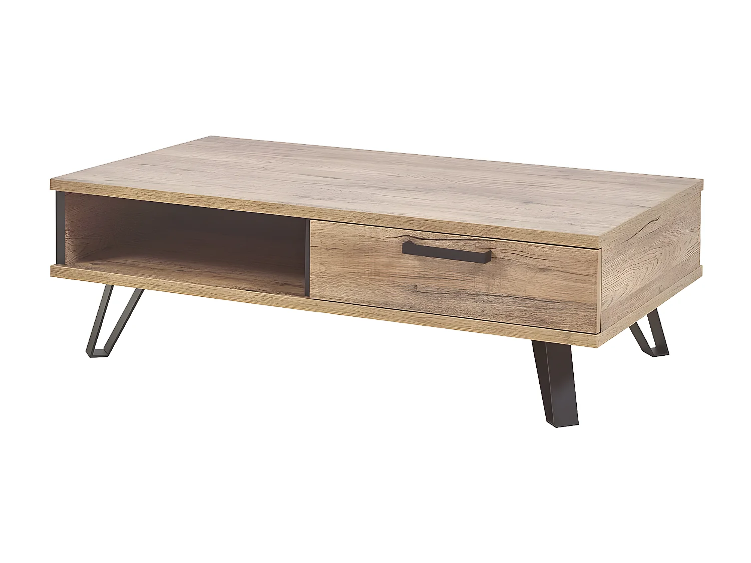 THIBAULT - Table Basse 1 Tiroir 1 Niche Effet Bois et Pieds Métal