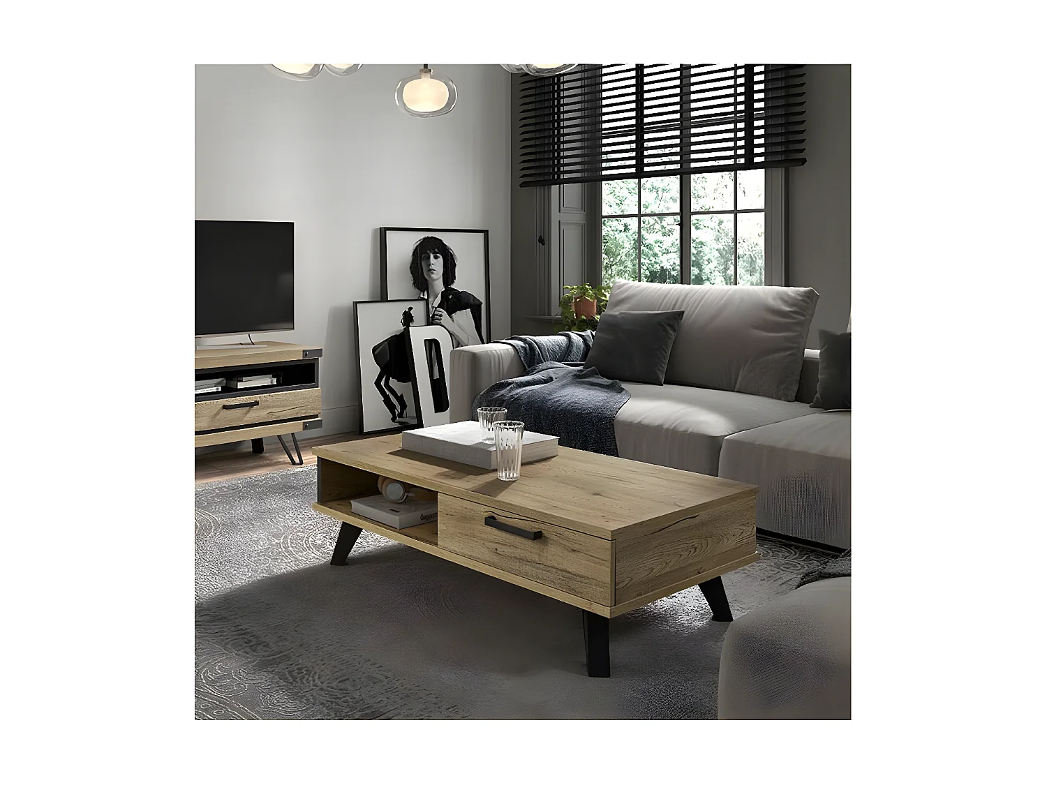 THIBAULT - Table Basse 1 Tiroir 1 Niche Effet Bois et Pieds Métal