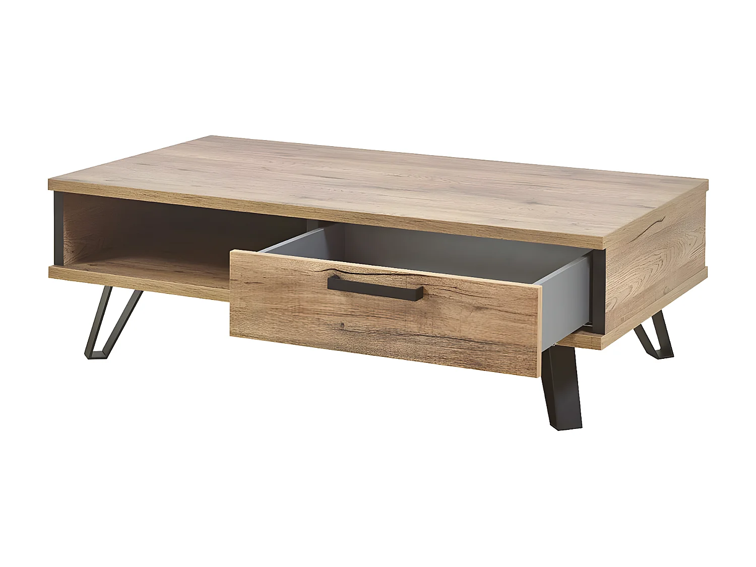 THIBAULT - Table Basse 1 Tiroir 1 Niche Effet Bois et Pieds Métal