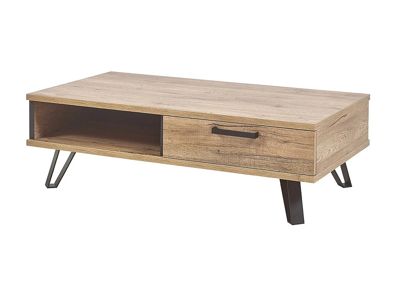 THIBAULT - Table Basse 1 Tiroir 1 Niche Effet Bois et Pieds Métal