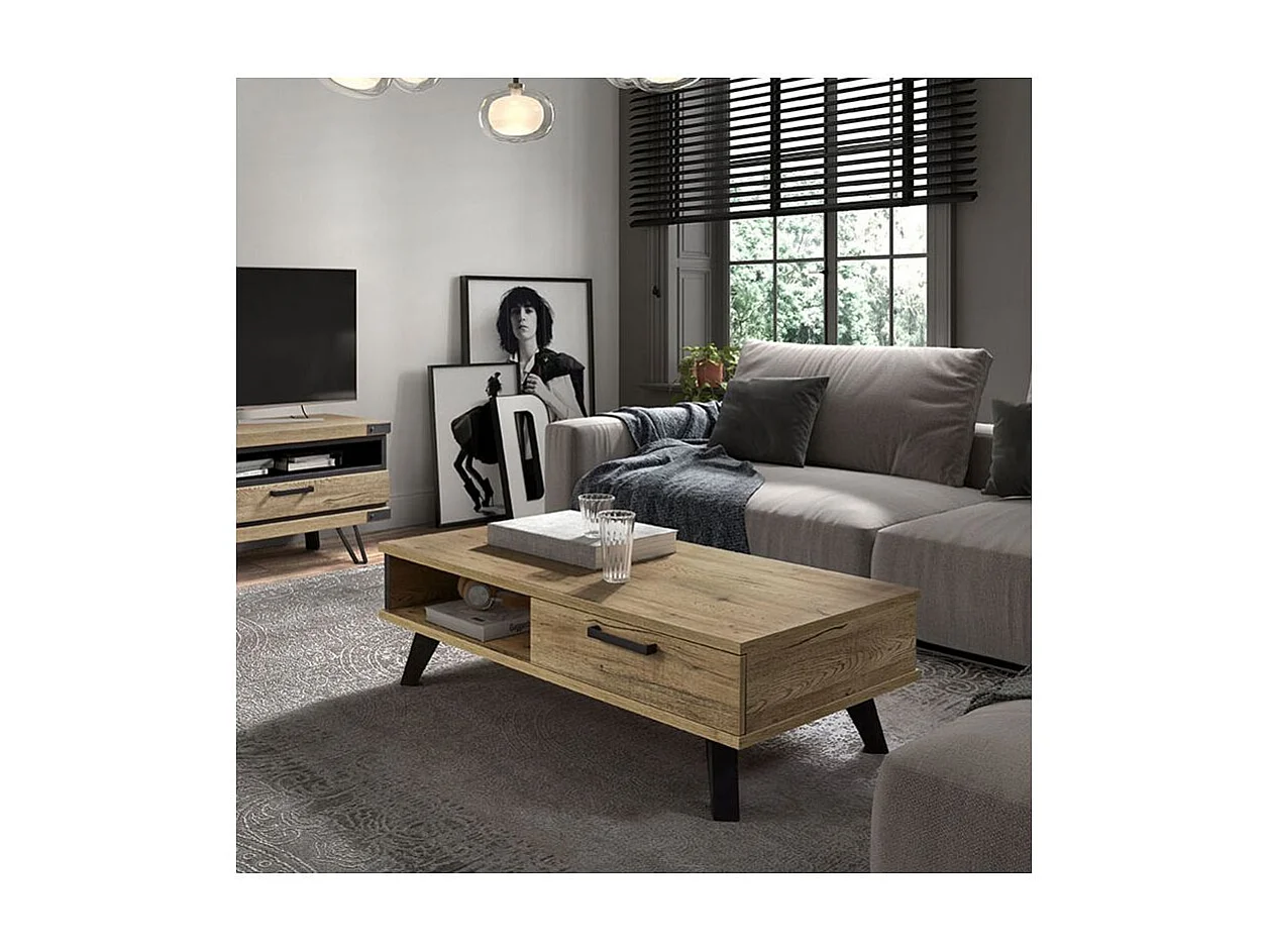 THIBAULT - Table Basse 1 Tiroir 1 Niche Effet Bois et Pieds Métal