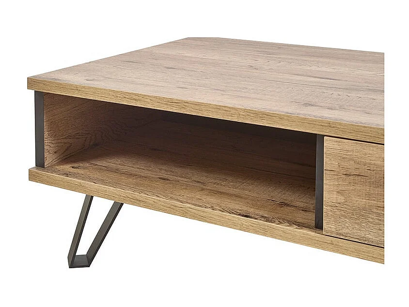 THIBAULT - Table Basse 1 Tiroir 1 Niche Effet Bois et Pieds Métal