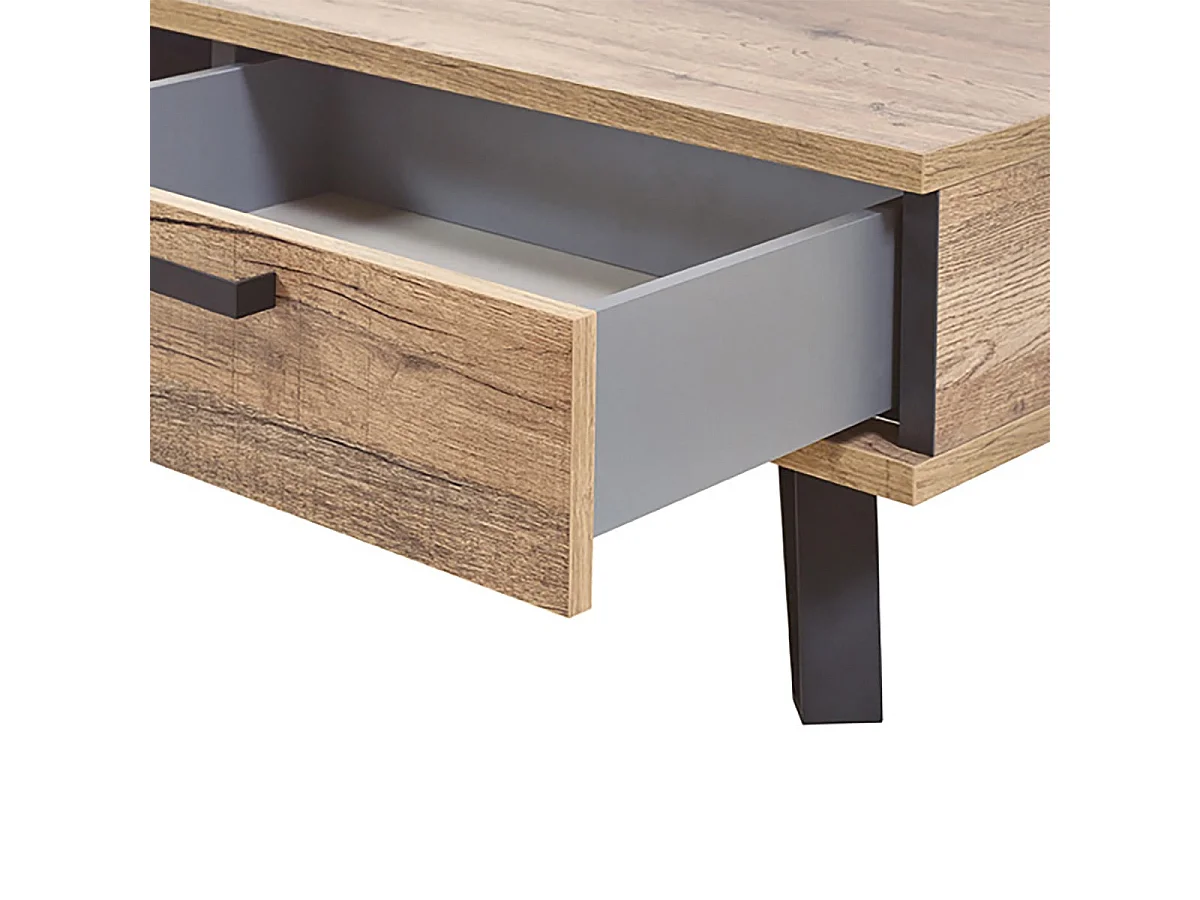 THIBAULT - Table Basse 1 Tiroir 1 Niche Effet Bois et Pieds Métal